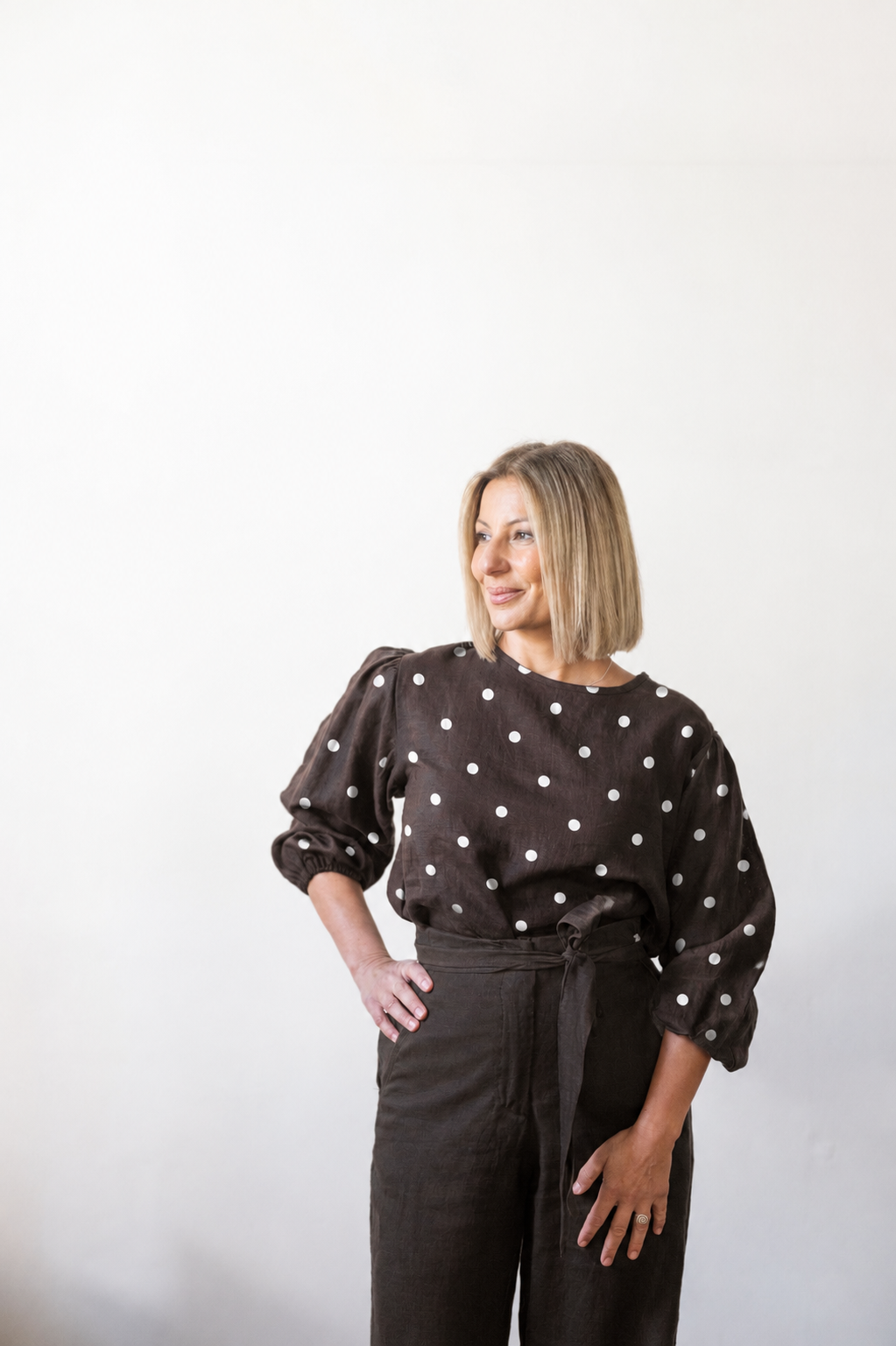 Tessa Linen Top - Espresso with White Dot
