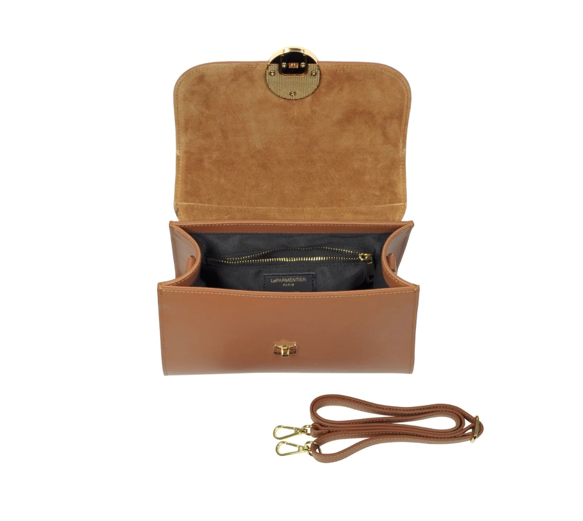 LeParmentier Bombo Top-Handle Satchel Bag with Strap - Cognac