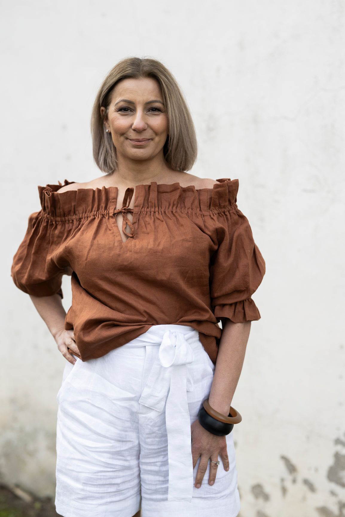 Bella Linen Ruffle Top - Bronze