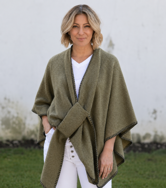 Lois Wrap - Khaki with Blanket Stitch