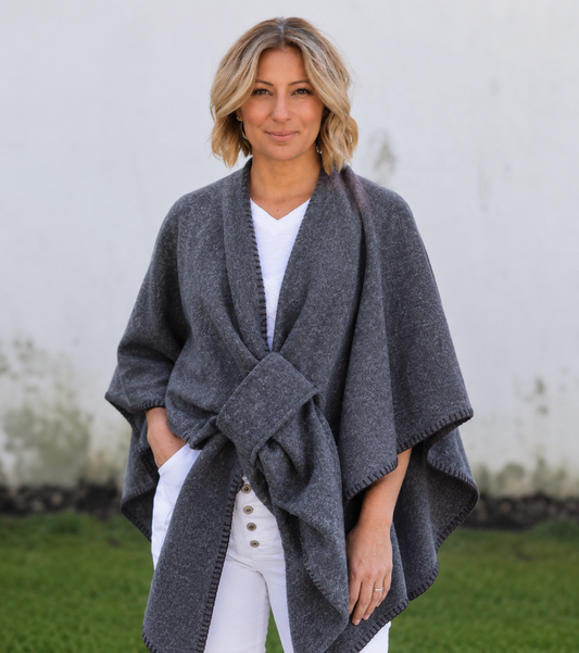 Lois Wrap - Charcoal with Blanket Stitch