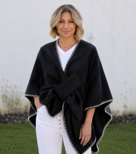 Lois Wrap - Black with Blanket Stitch