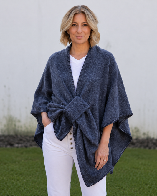 Lois Wrap - Navy with Blanket Stitch
