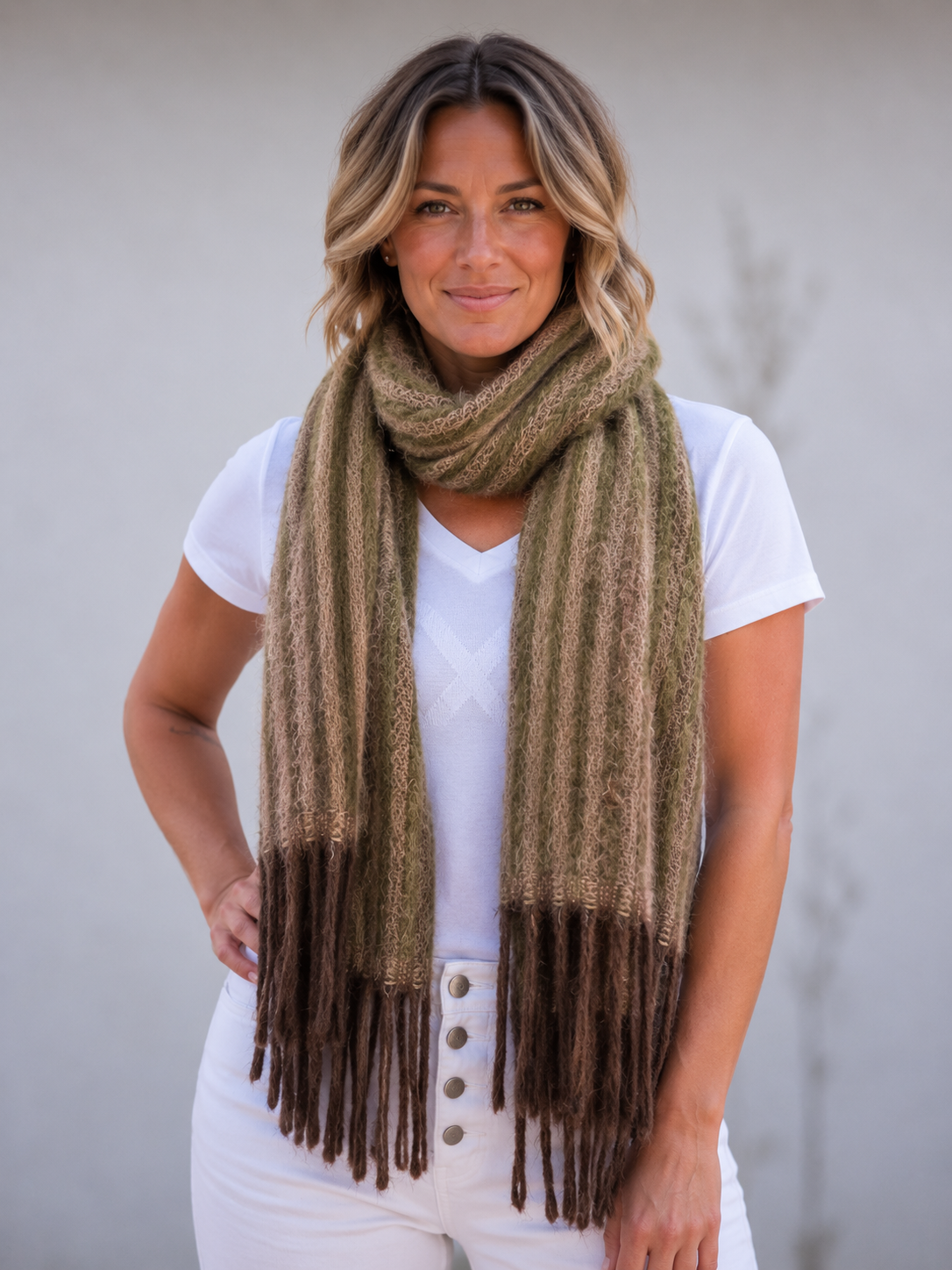 Sienna Scarf - Khaki and Coffee Thin Stripe