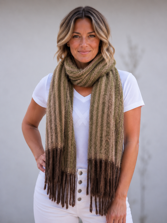 Sienna Scarf - Khaki and Coffee Thin Stripe