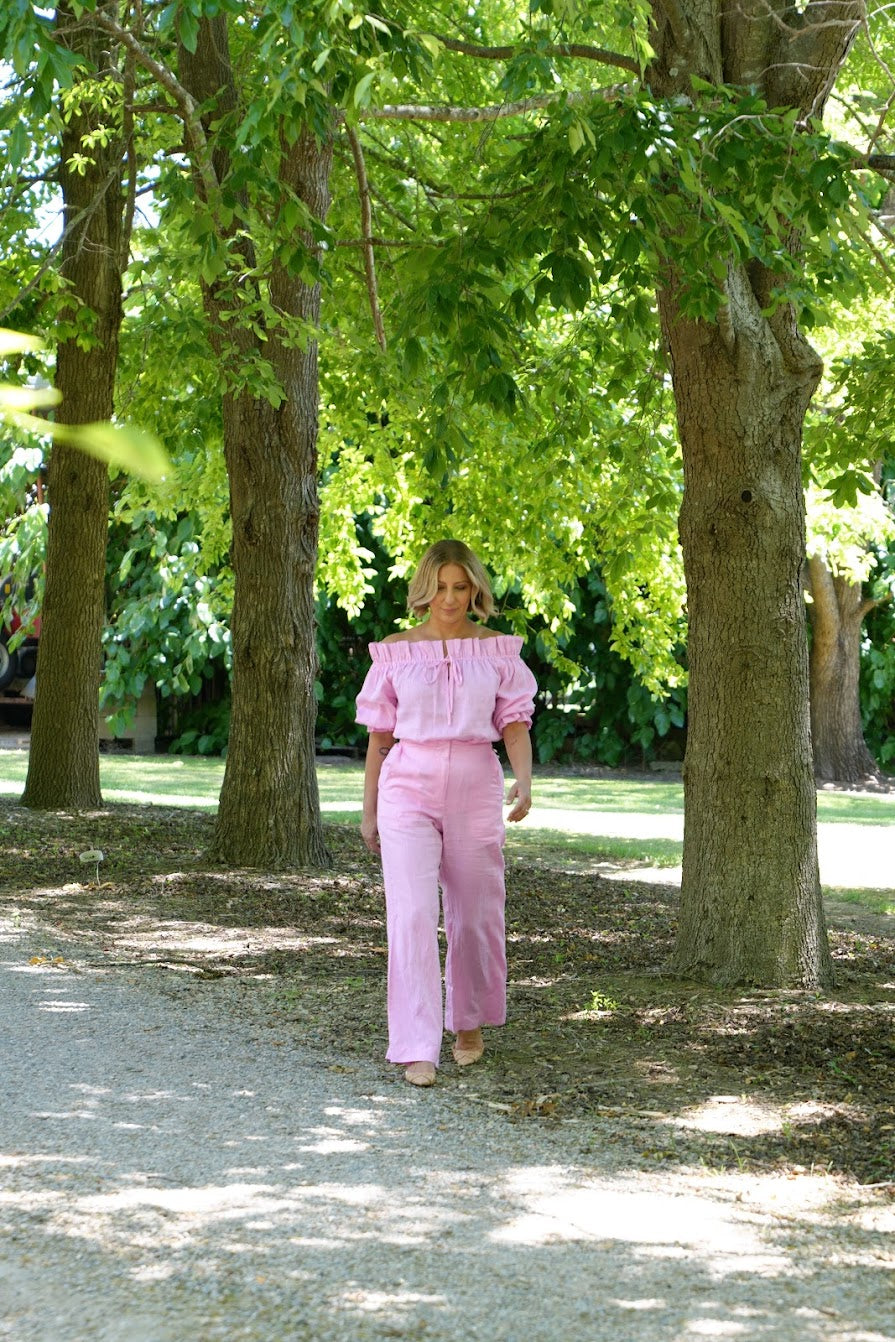 Bella Linen Ruffle Top - Pink