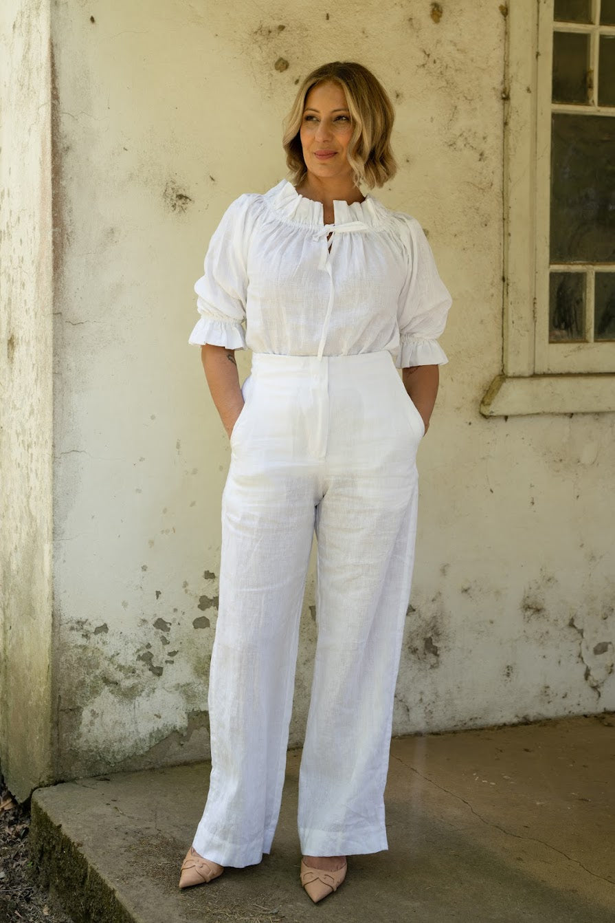 Bella Linen Ruffle Top - White