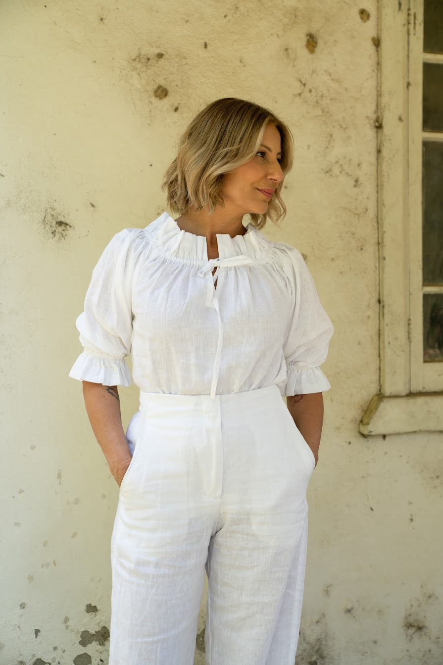 Bella Linen Ruffle Top - White