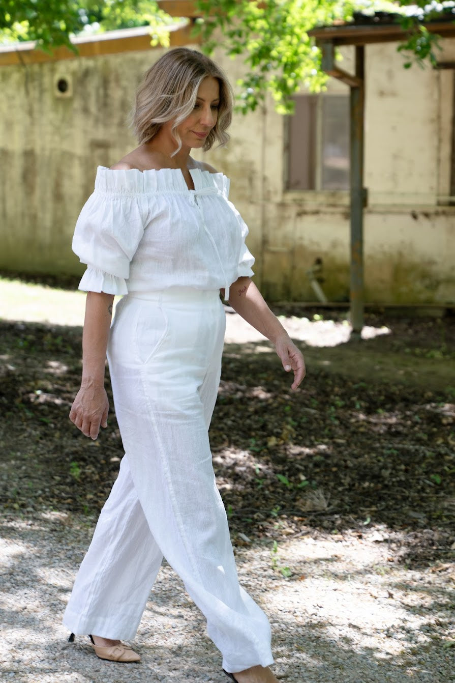 Bella Linen Ruffle Top - White