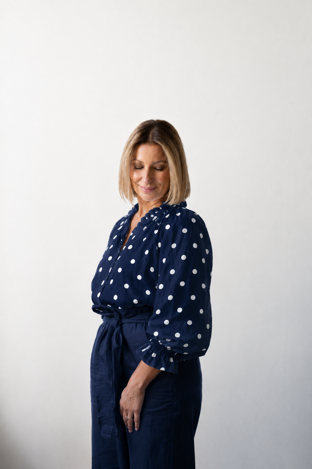 Daisy Linen Top - French Navy with White Dot
