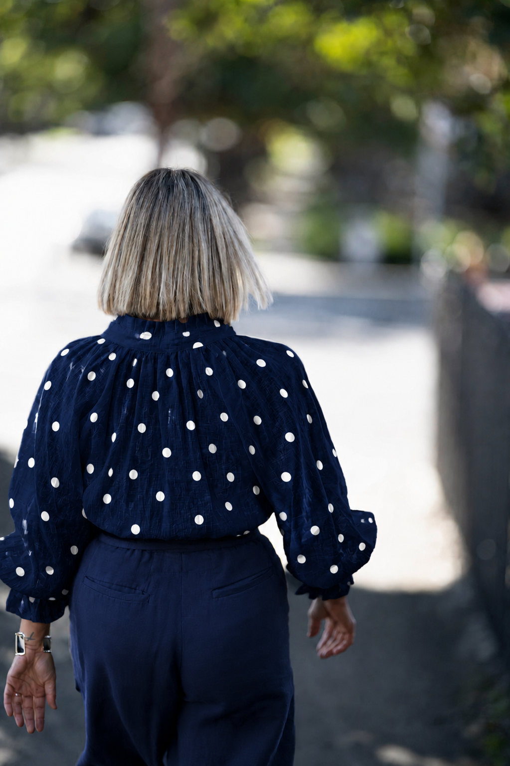 Daisy Linen Top - French Navy with White Dot