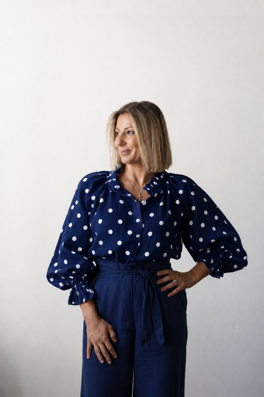 Daisy Linen Top - French Navy with White Dot