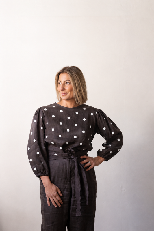 Tessa Linen Top - Espresso with White Dot
