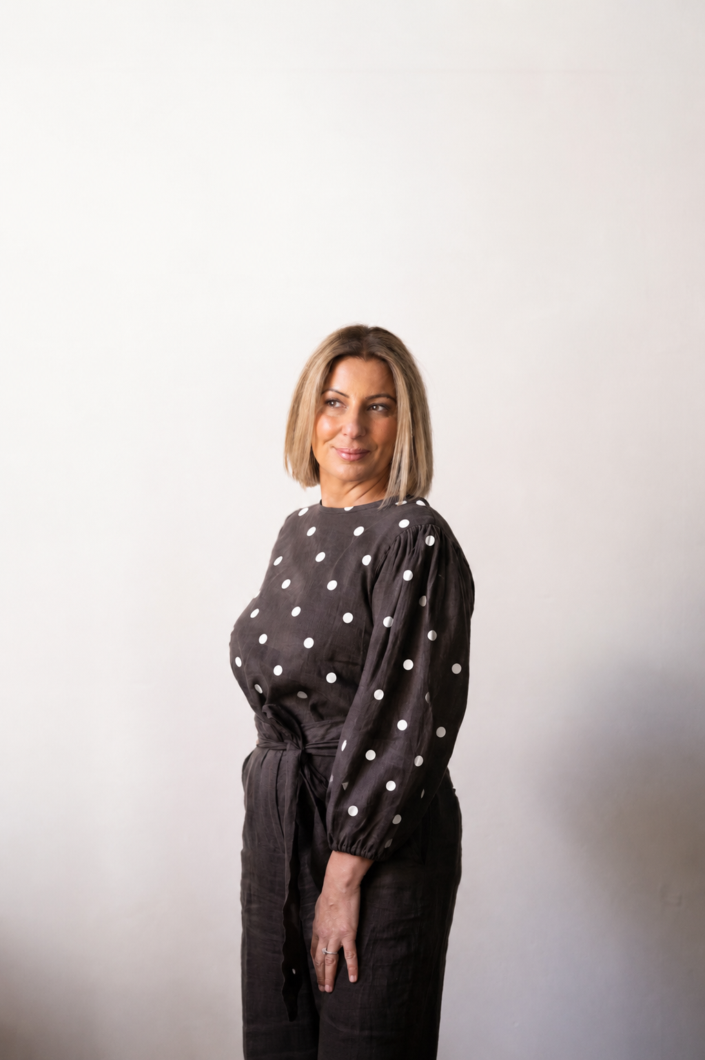 Tessa Linen Top - Espresso with White Dot