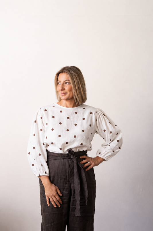Tessa Linen Top - White with Espresso Dot