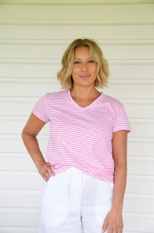 Wanderlust Tee - Pink/White Stripe