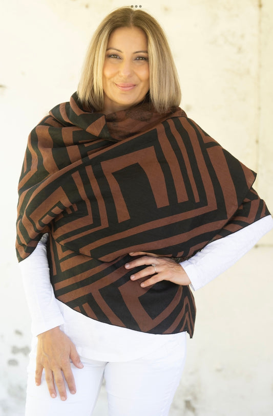 Ava Linen Scarf - Sorrel/Black Print