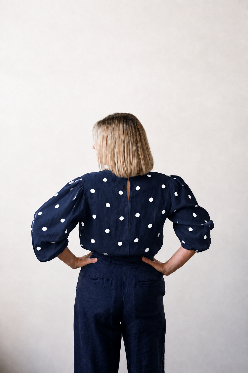 Tessa Linen Top - Navy with White Dot