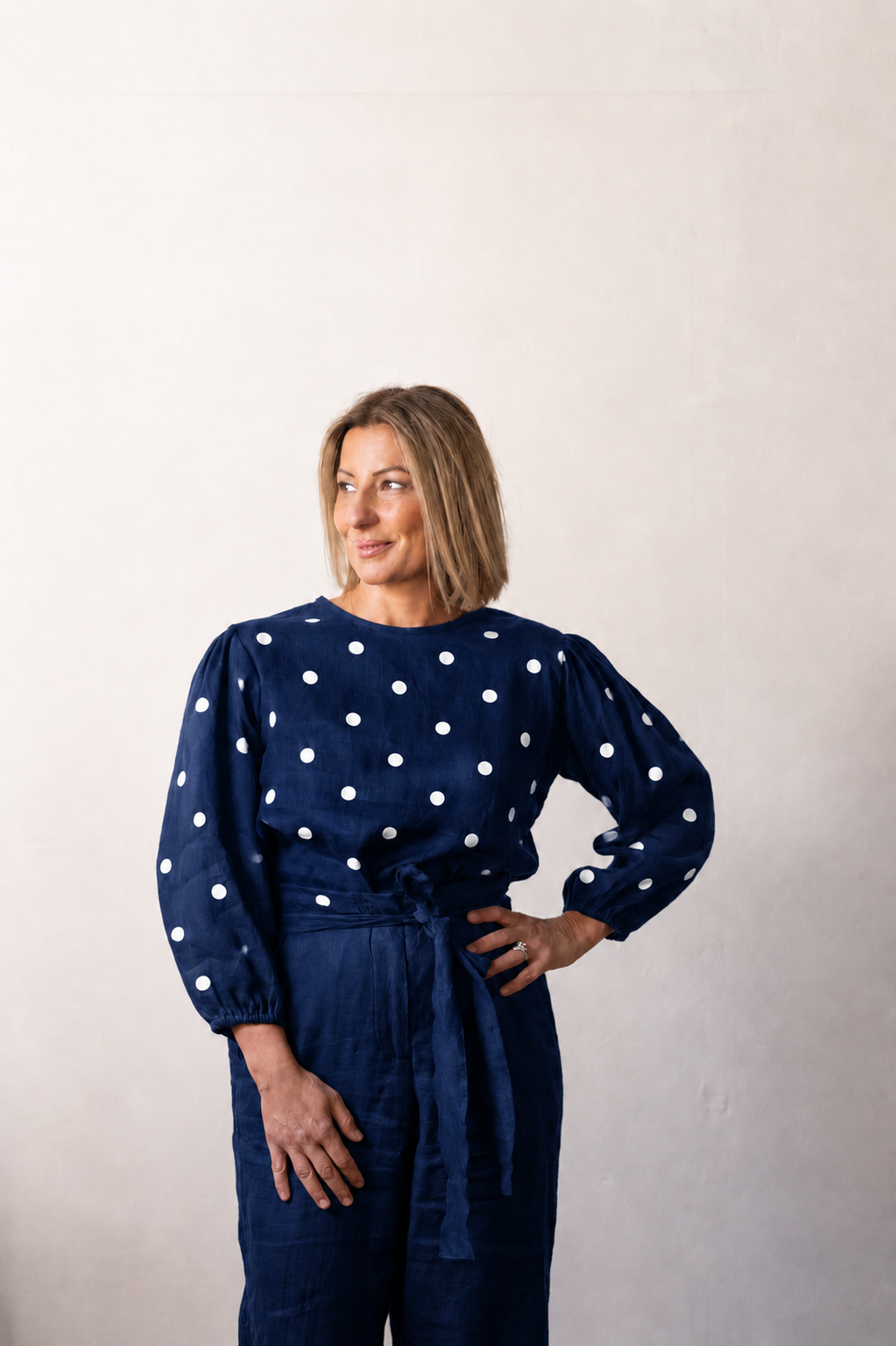 Tessa Linen Top - Navy with White Dot