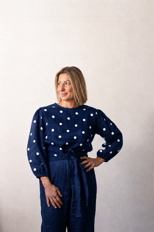Tessa Linen Top - Navy with White Dot
