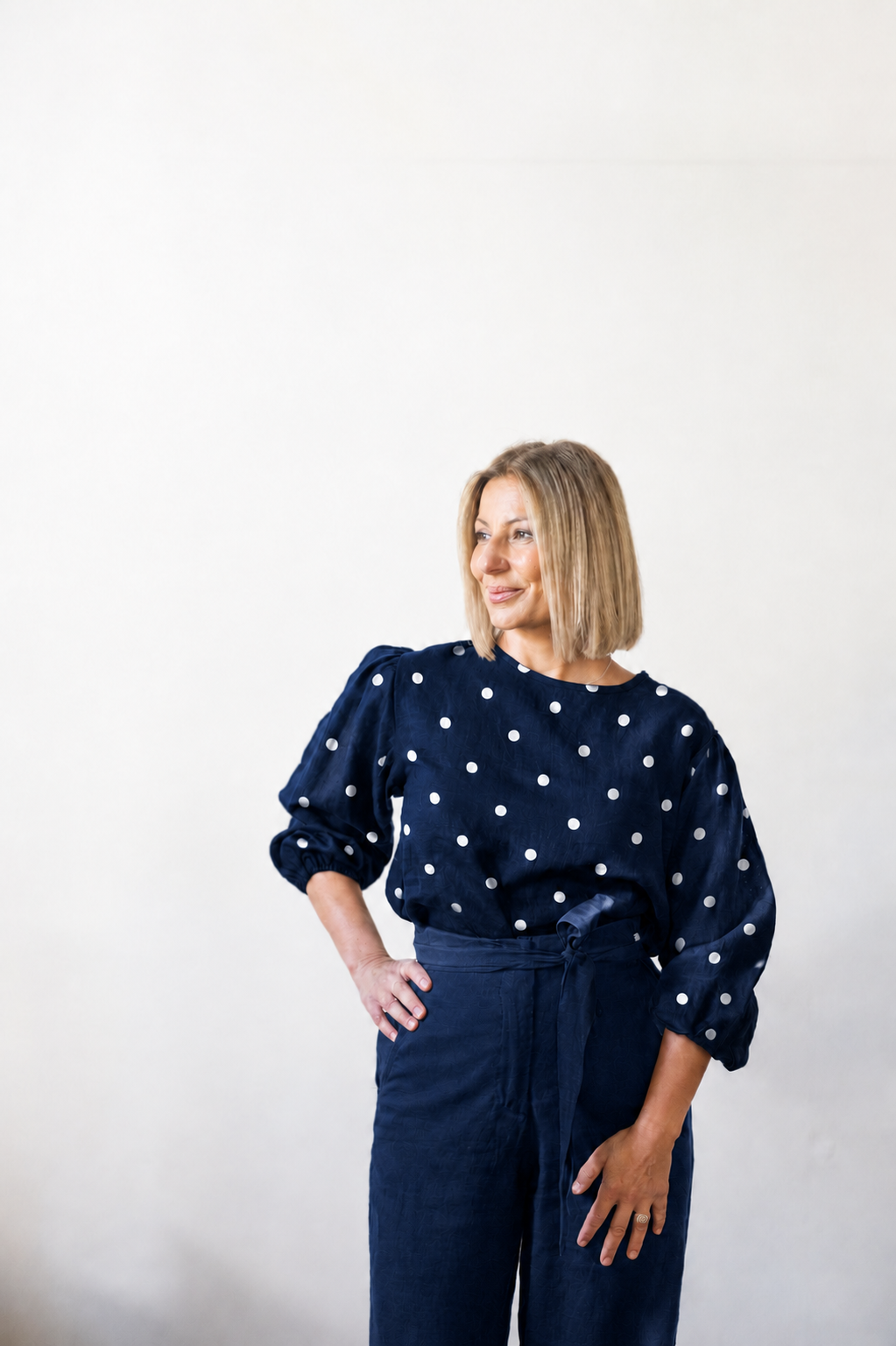 Tessa Linen Top - Navy with White Dot
