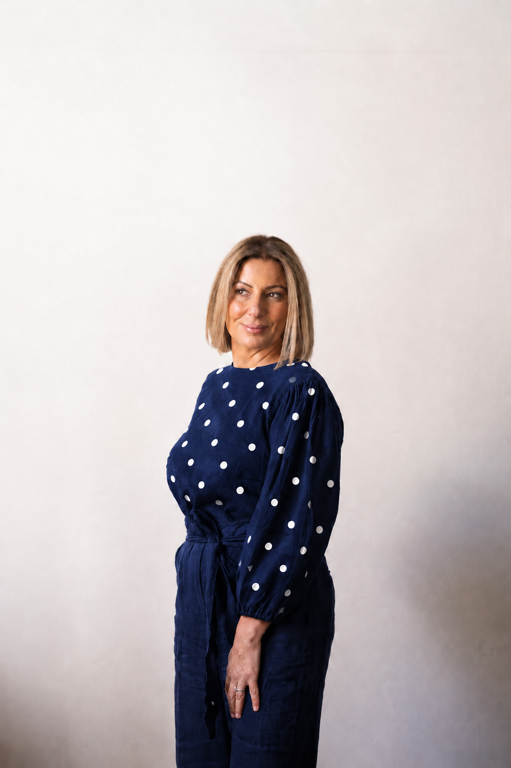 Tessa Linen Top - Navy with White Dot