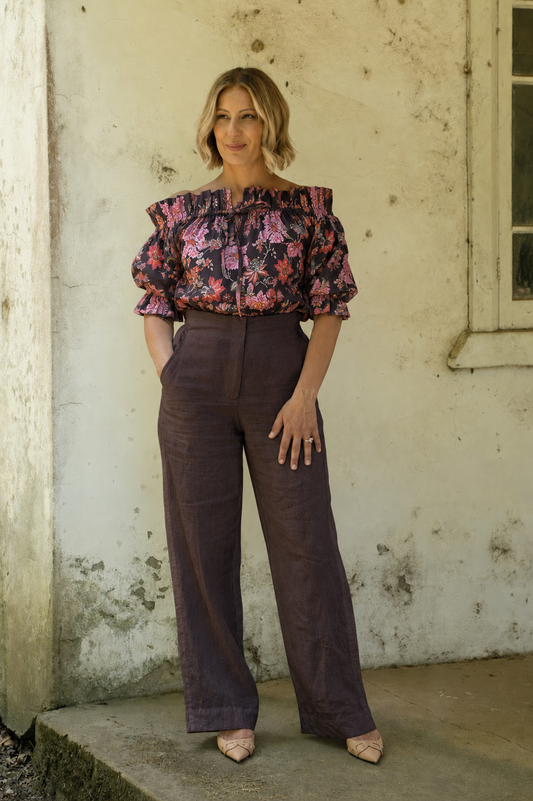 Bella Linen Ruffle Top - Espresso Floral Print