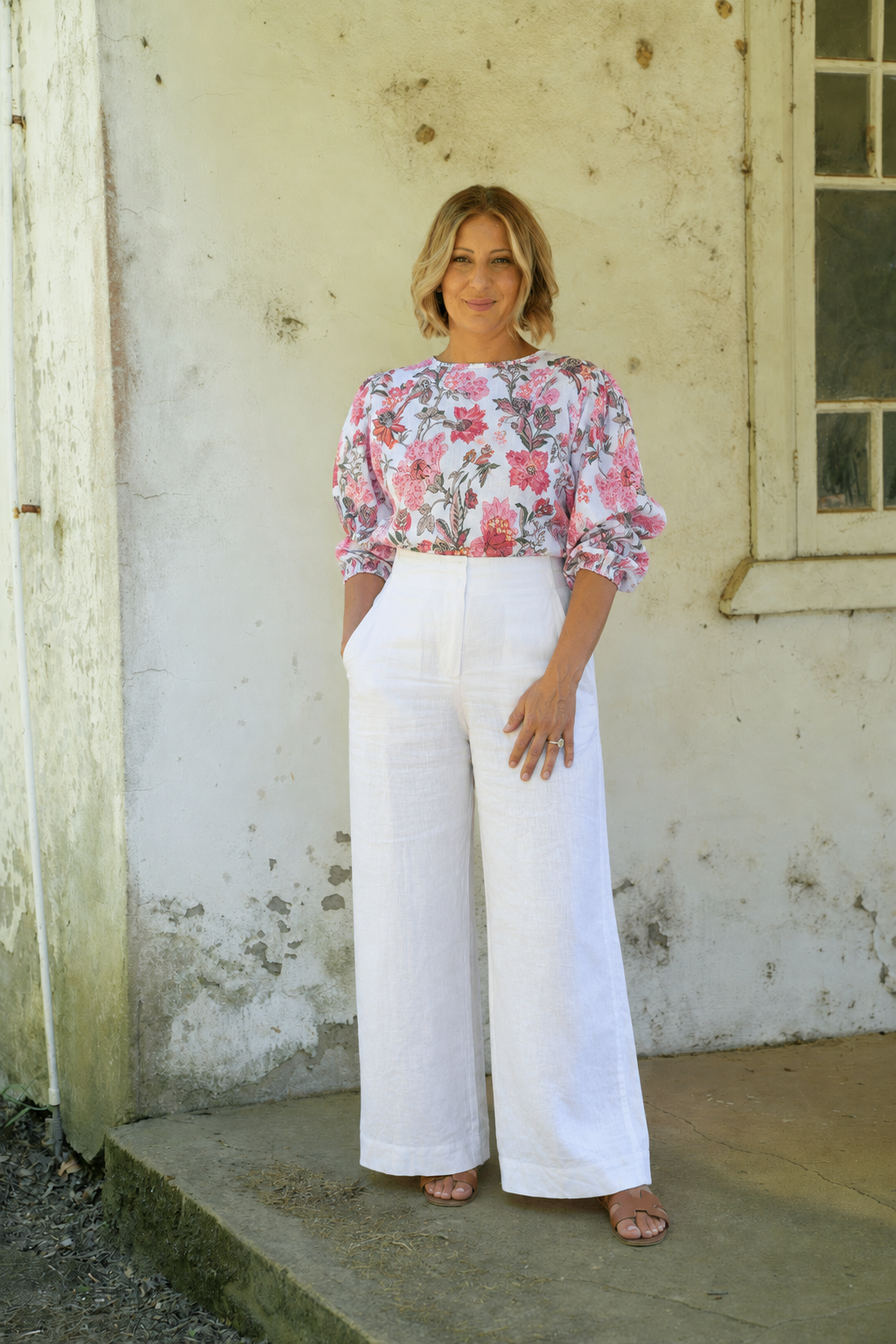 Tessa Linen Top - White Floral Print