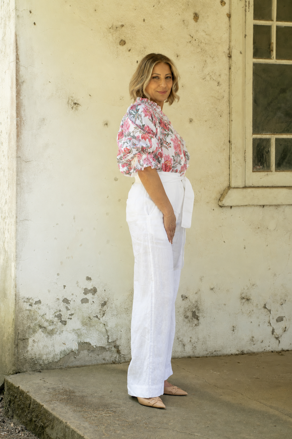 Daisy Linen Top - White Floral Print