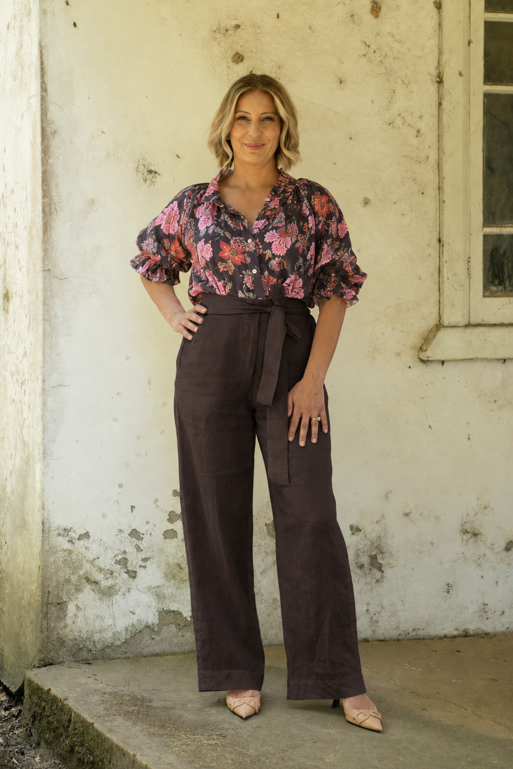 Daisy Linen Top - Espresso Floral Print