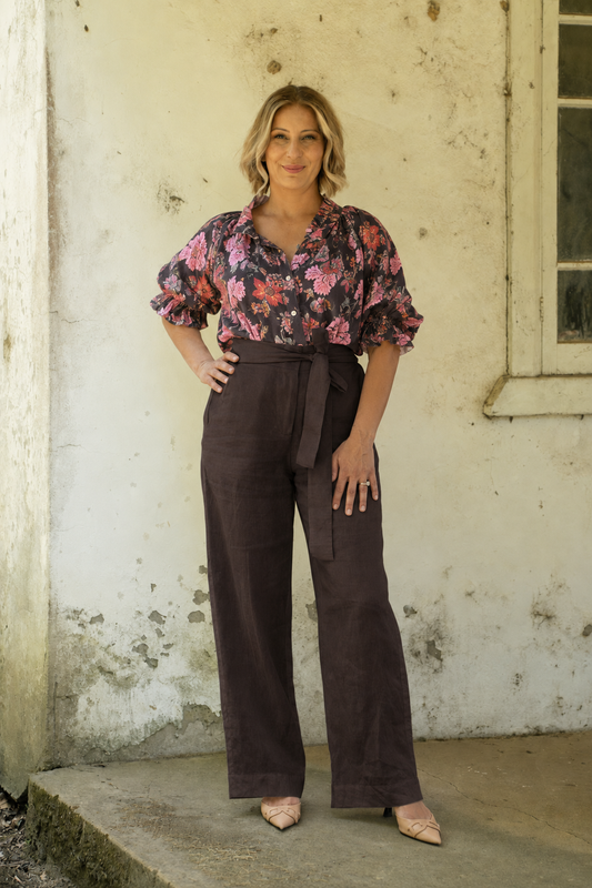 Daisy Linen Top - Espresso Floral Print