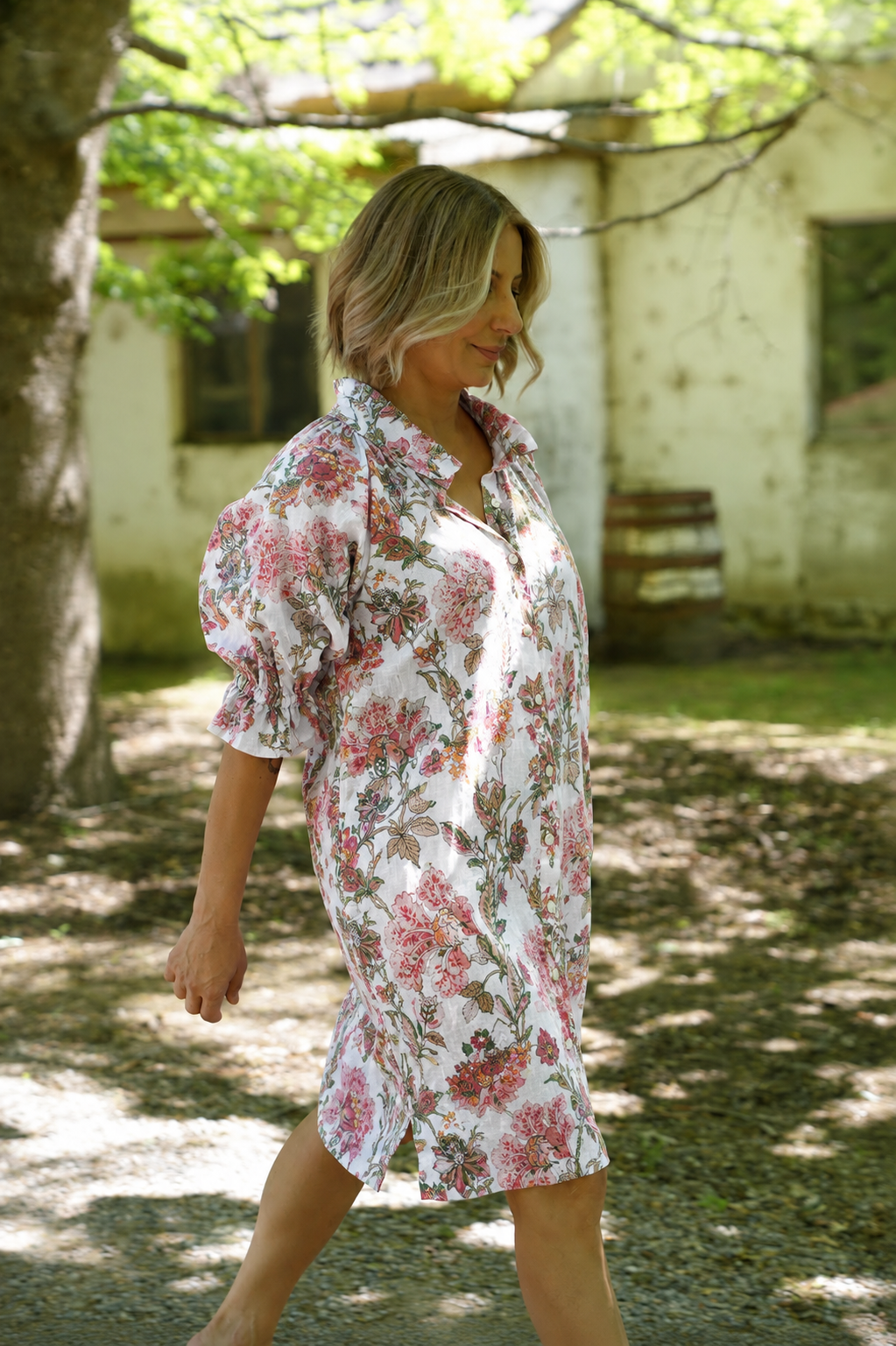 Dahlia linen dress - White Floral Print
