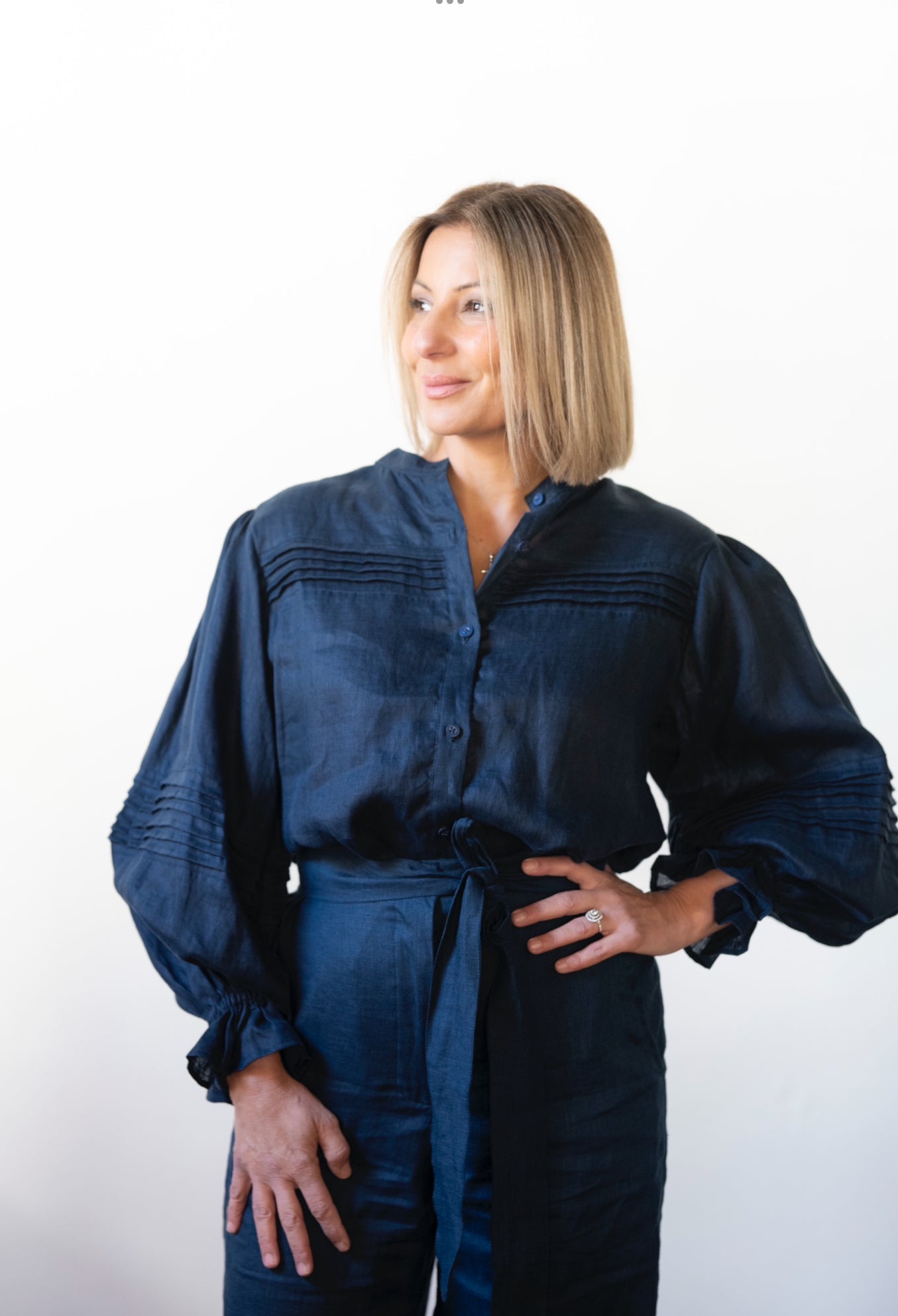 Annie Pintuck Linen Shirt - French Navy