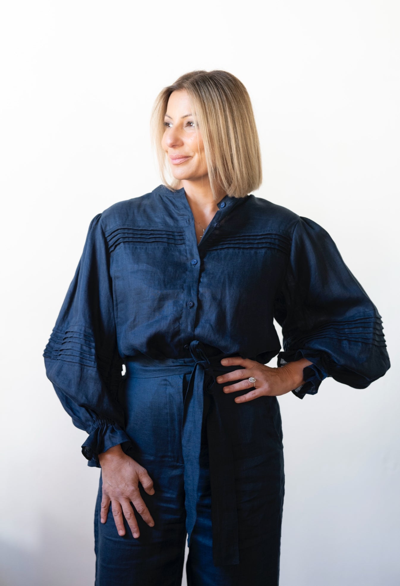 Annie Pintuck Linen Shirt - French Navy
