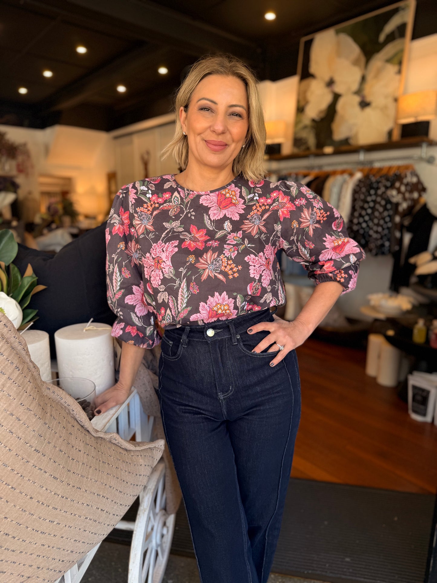Tessa Linen Top - Espresso Floral