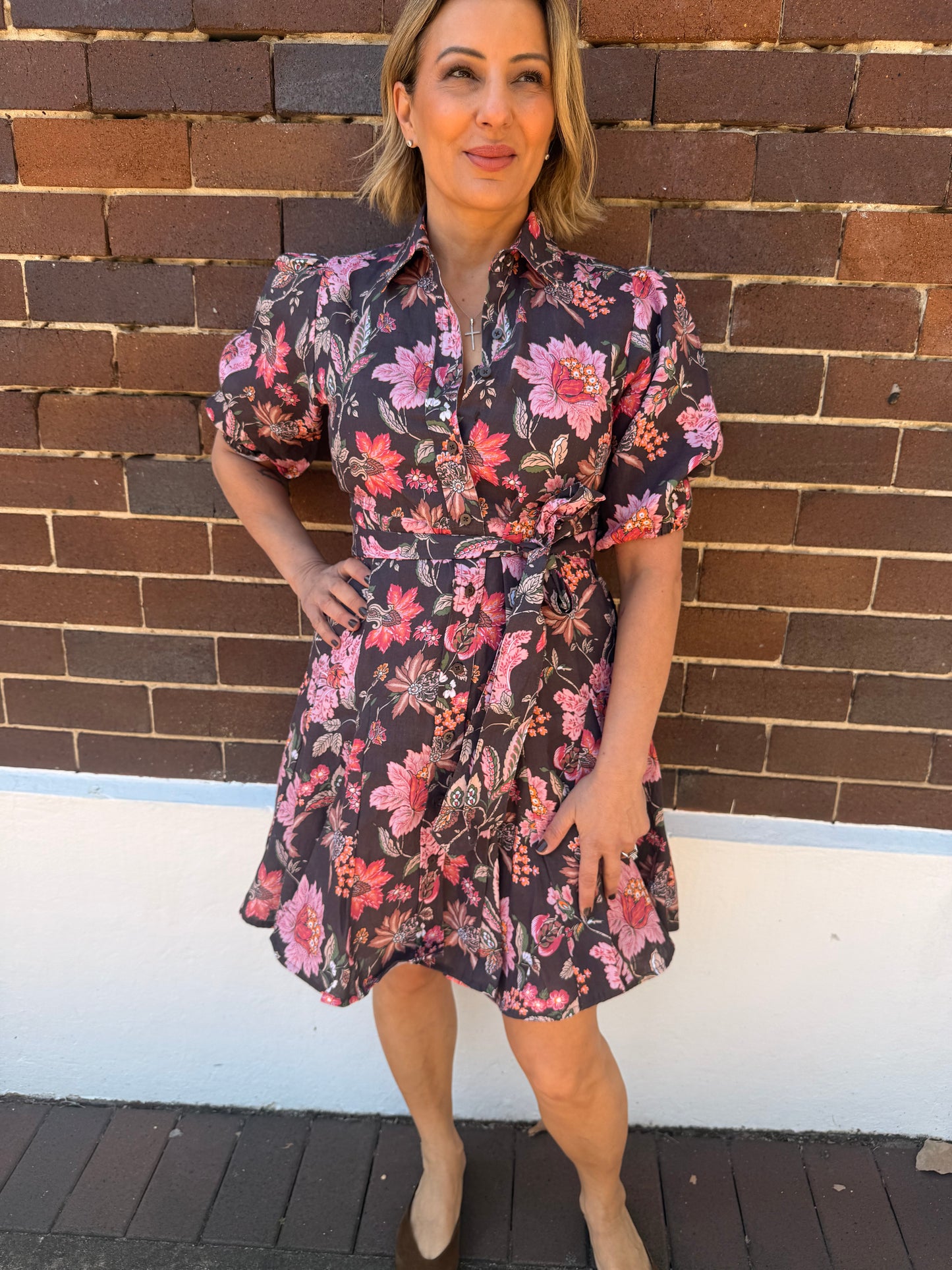 Wanda Linen Dress - Espresso Floral