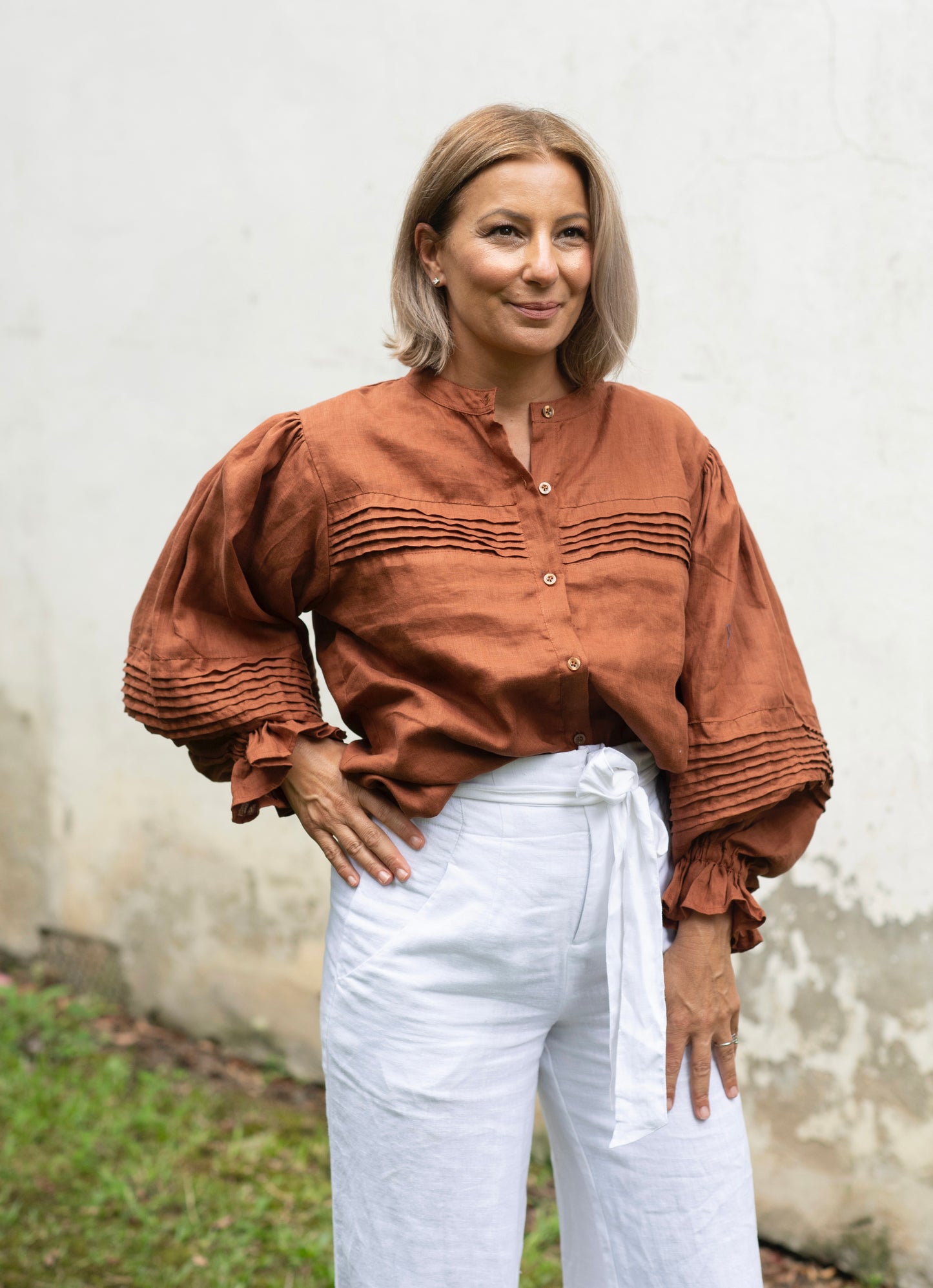 Annie Pintuck Linen Shirt - Bronze