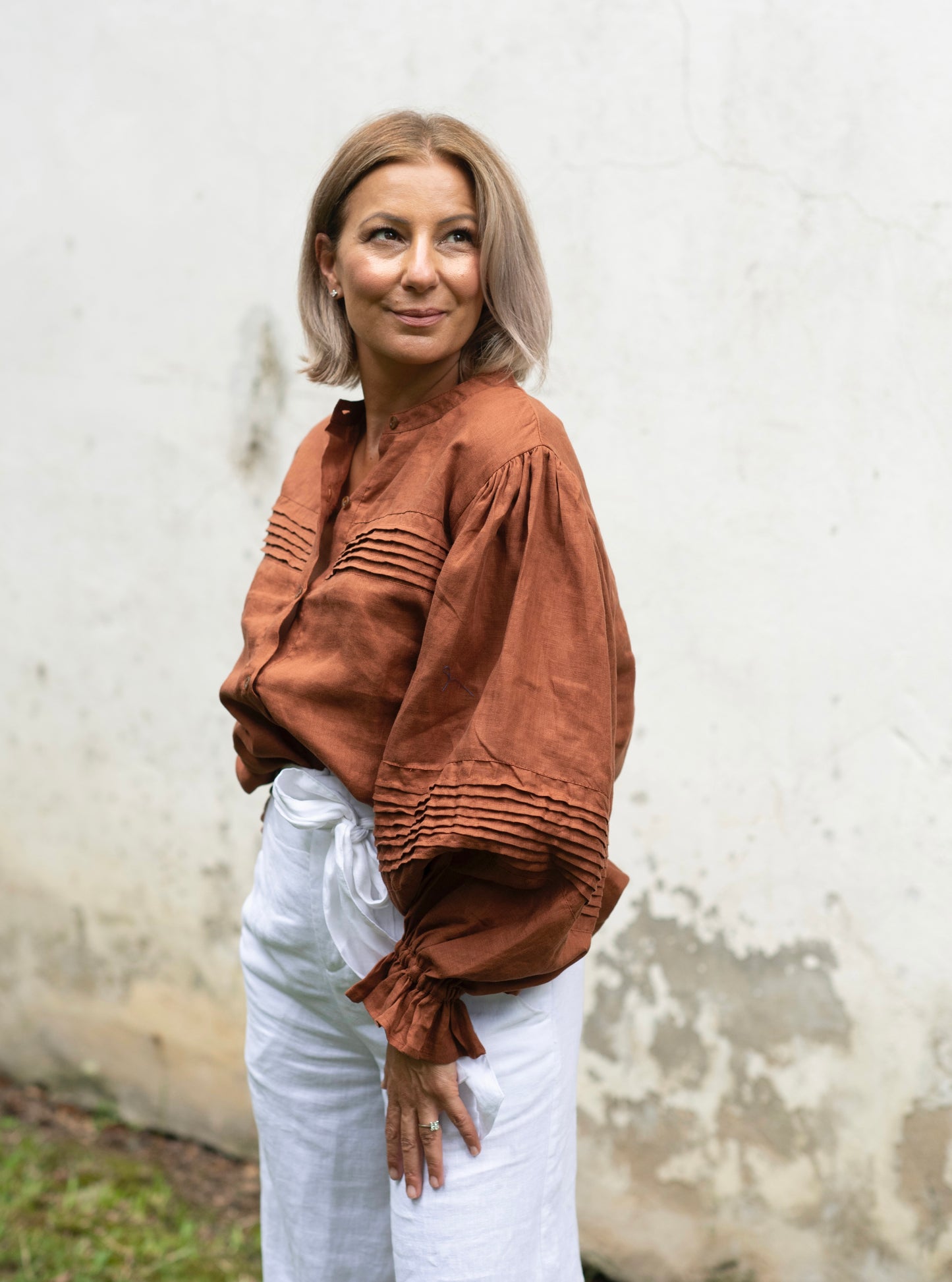 Annie Pintuck Linen Shirt - Bronze