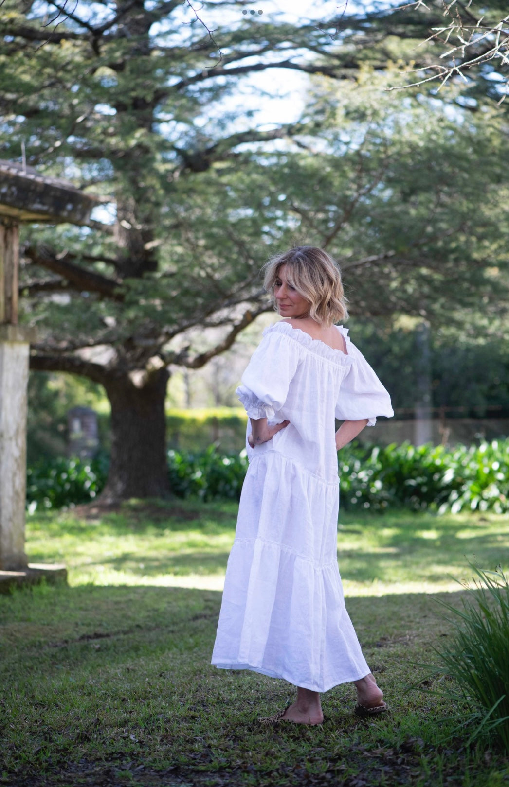 Valentina Linen Ruffle Dress - White